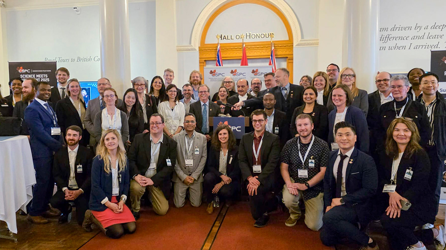 A large group photo of attendees of science meets parliament BC