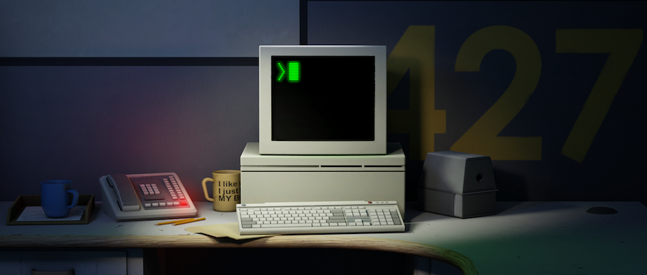 a still from the game, Stanley Parable, featuring a desktop computer from the 1990s